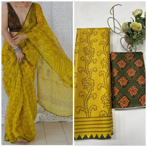 Soft Munga Kota Cotton Checks Saree with Beautiful Prints & Contrast Blouse